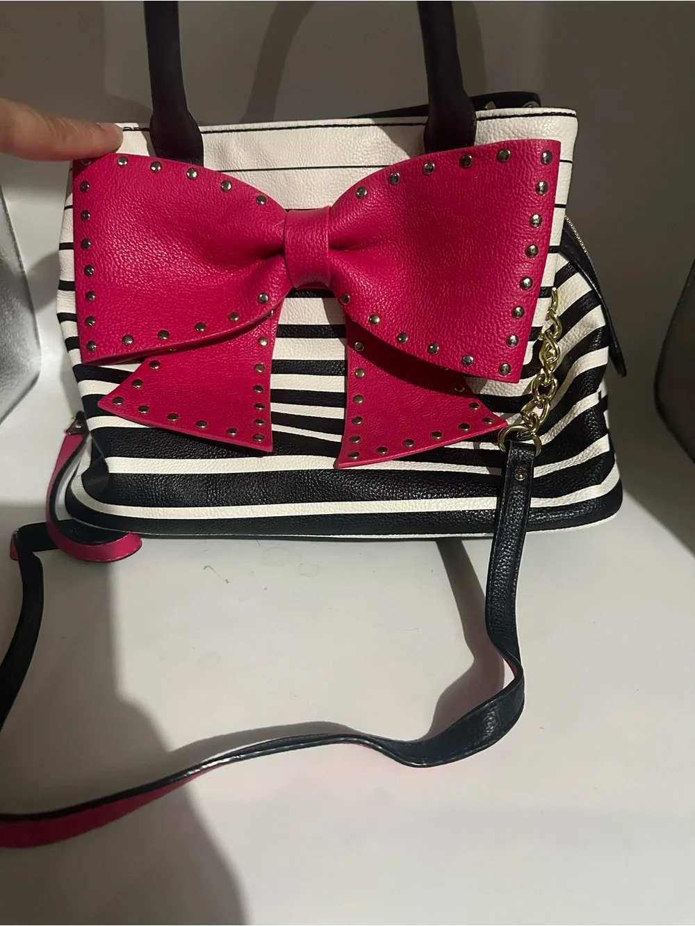 Betsey Johnson Black and White Striped Satchel with Hot Pink Bow